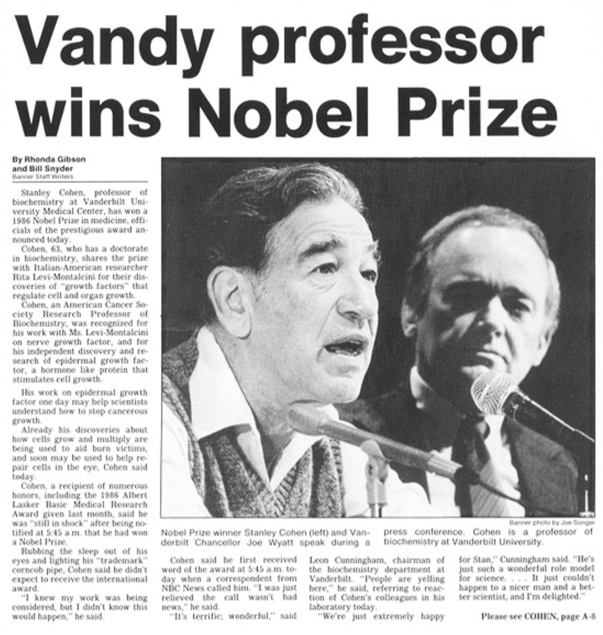 News article of Stanley Cohen winning Nobel Prize featuring a black-and-white photo of Dr. Cohen (left) and Vanderbilt Chancellor Joe Wyatt (right).