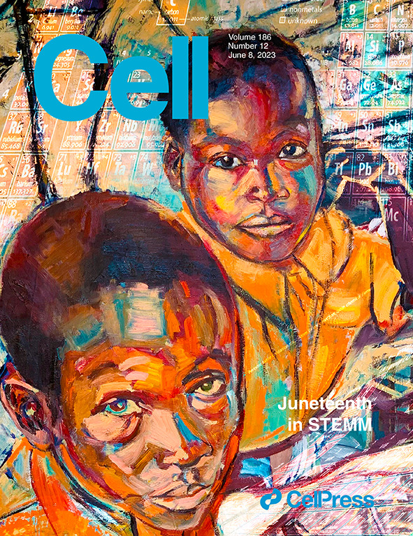 Cover of the journal Cell showing a painting of two young Black children with a portion of the periodic table in the background. The cover says 