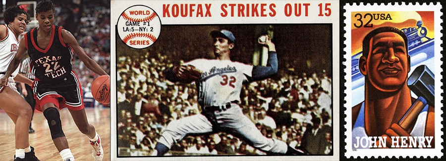 Strip showing three images: a Black basketball player on the left, a baseball card-type image in the middle that says "Koufax strikes out 15," and a postal stamp showing a drawing of John Henry on it.