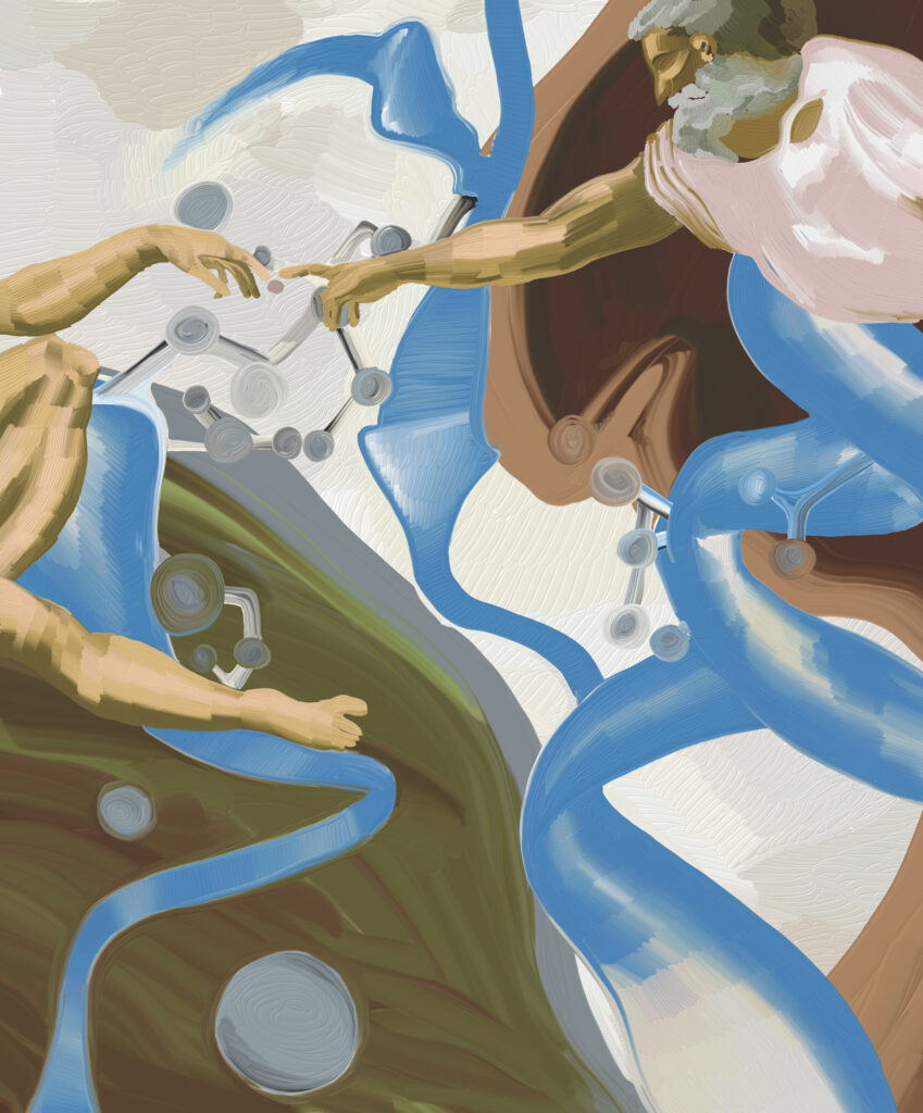 An illustration inspired by Michelangelo's The Creation of Adam. The illustration shows Adam and God reaching out toward each other, but there are atoms and protein ribbons all around them.