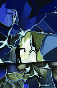 An illustration showing an outline of a person holding a lantern. The person is standing in a cave, which is a bunch of geometric shapes in shades of blue, green, and purple. Light is coming from the lantern.