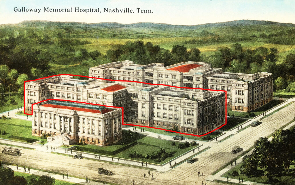 A color drawing of "Galloway Memorial Hospital, Nashville, Tenn." from early 20th century. It's made up of three buildings and the middle one is outlined in red.