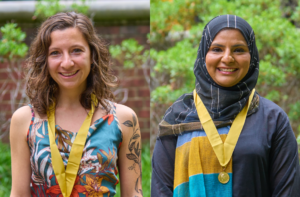 Photos of Veronika Kondev and Ayesha Muhammed on Commencement Day 2023. They're each wearing a Founder's Medal.