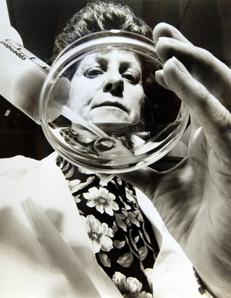 A photograph of Elaine Sanders-Bush working on a Petri dish. The photo is taken from below such that you can see Sanders-Bush's face through the Petri dish. The photo is in black and white.