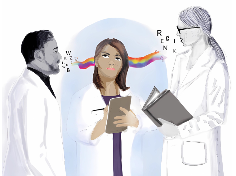 Three animated scientists on a white background