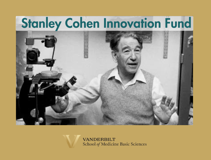 Golden graphic showing a black and white image of Stanley Cohen gesticulating next to a microscope. Text saying "Stanley Cohen Innovation Fund" is at the top of the photo. The Basic Sciences wordmark is at the bottom of the graphic.