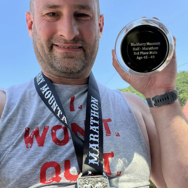 Ryan McNew, ‪associate director of research IT, after participating in the Hatfield McCoy Blackberry Mountain Half Marathon.