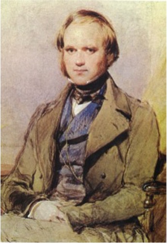 Faded painting of Charles Darwin sitting down.