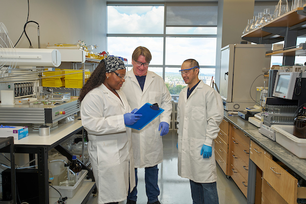 Three biomedical researchers discussing data.