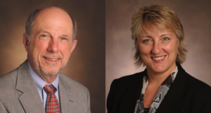 Side-by-side images of Fred Guengerich and Heidi Hamm. On the left, Guengerich is wearing a blue collared shirt, a red tie, and a gray jacket. On the right, Heidi Hamm is wearing a black top and a gray dress scarf.