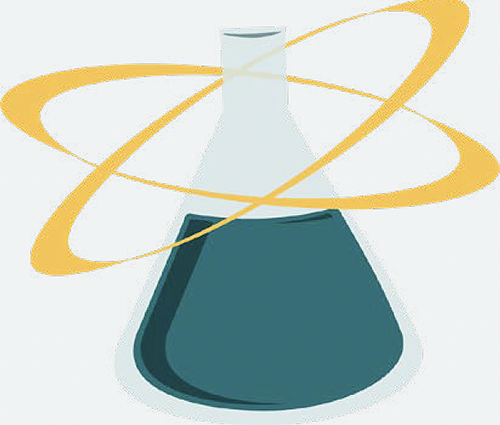 Key image associated with the Lab-to-Table Conversations: an Erlenmeyer flask filled about 2/3 of the way with blue-green liquid and surrounded at the top by two intersecting halos (in a simliar manner to how atoms are represented).