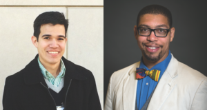 Side-by-side headshots of Alberto J. López and Antenton Hinton Jr. Lopez is wearing a striped white and green collared shirt, a gray vest, and a black jacket. Hinton is wearing a blue collared shirt, a yellow/red/blue bow tie, and a white jacket.