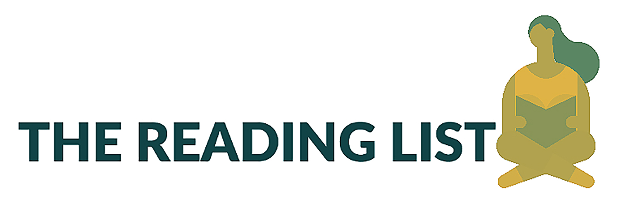 Logo for the “Reading List” newsletter. Text reads “THE READING LIST” in dark teal. A drawing of a person on the right side of the text shows them sitting cross-legged and reading a book. The drawing is in gold. The background is white.