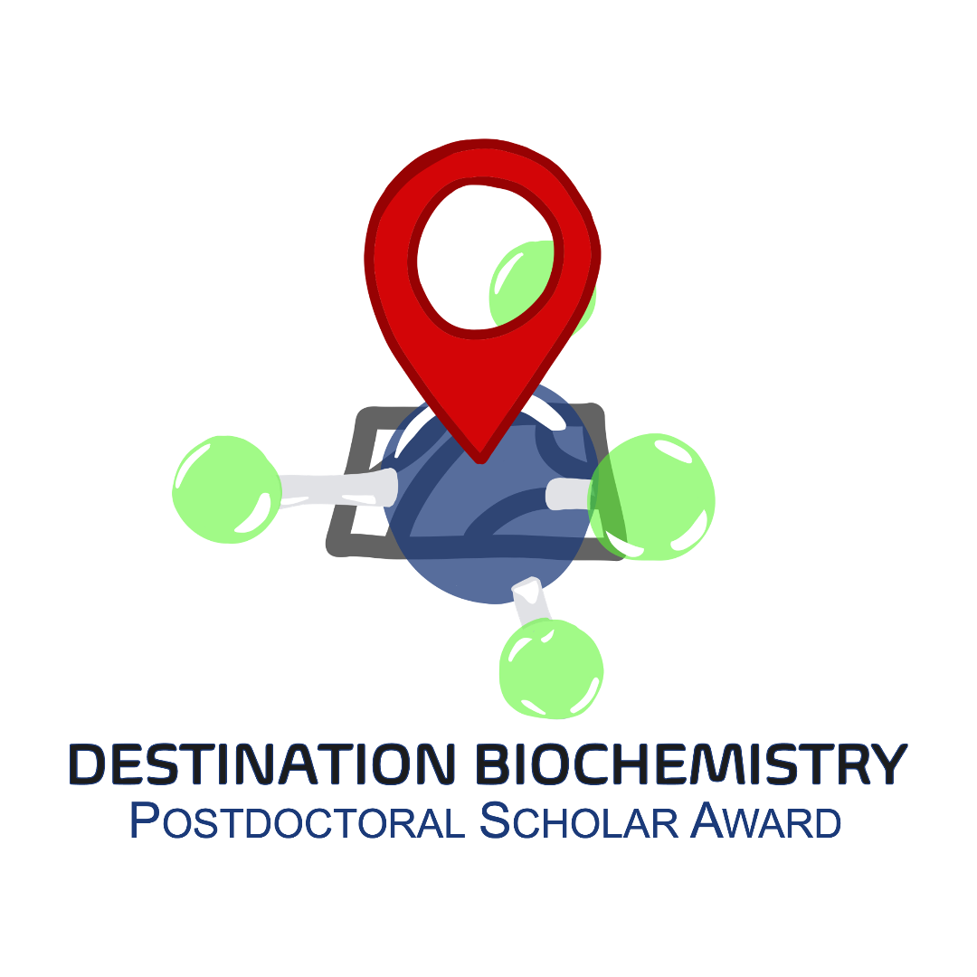 Image of a red "destination" icon pointing to a blue/green colored compound over the words "Destination Biochemistry Postdoctoral Scholar Award".