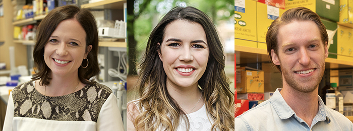 Headshots of (L-R): Emily Hodges wearing earrings and a beige top with a leopard skin print; Lindsey Guerin wearing a white sleeveless top; Kelly Barnett wearing a light blue denim shirt. He's standing in front of a lab bench with yellow, green, and red boxes stacked on the shelves.