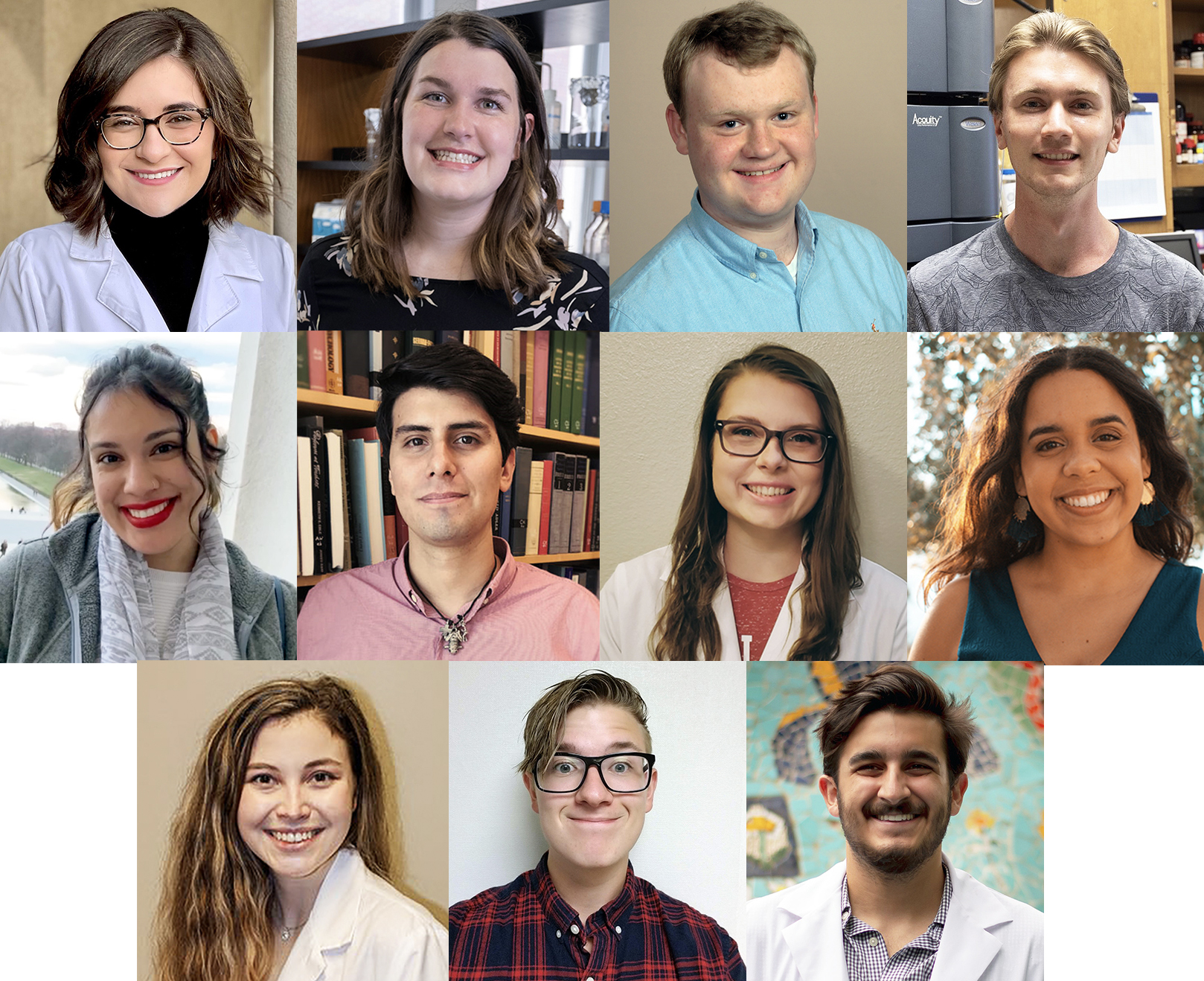 Side-by-side headshots of the listed students—pictured in rows of 4, 4, and 3—in the following order: Minna Apostolova, Andreanna Burman, Drew Dixson, Kevin McCarty, Teresa Piedad Torres, Jose Zepeda, Kaeli Bryant, Julissa Burgos, Heather Hartmann, Reese Martin, Zach Sanchez.