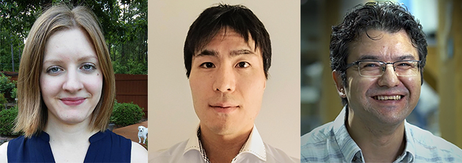 Photo of (L-R) Emily Schmitz wearing a blue top, Hirohide Takahashi, and Erkan Karakas wearing eye-glasses.