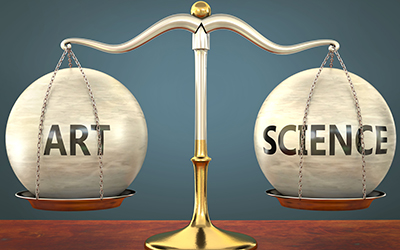 art and science staying in balance - pictured as a metal scale with weights and labels art and science to symbolize balance and symmetry of those concepts, 3d illustration.