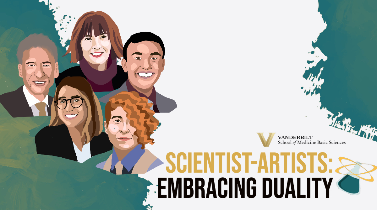 Header image for an event titled “SCIENTIST-ARTISTS: EMBRACING DUALITY.” The title is on the lower right corner, and immediately to its right is an Erlenmeyer flask with liquid in it and two intersecting yellow halos. The School of Medicine Basic Sciences wordmark is just above the title. Digital drawings of the panelists and moderator are on the left side.