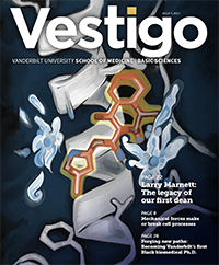 Cover of Issue 4 of Vestigo, which shows a drawing by Kendra H. Oliver based on the structure of the non-steroidal anti-inflammatory drug isoxicam when bound to COX-2, a human enzyme. The drawing shows a ribbon structure of COX-2, in white/gray, with isoxicam sitting on top of an alpha helix that goes from top to bottom of the page. The drug is in orange with some brown and blue regions. On either side of the drug/enzyme combo are two white/blue flowers, which represent stylized water molecules. The background is a dark navy. At the top of the image is the Vestigo logo (black with the dot of the i in yellow), with “Issue 4, 2022” printed over the g and “Vanderbilt University School of Medicine | Basic Sciences” below the title. On the bottom right are 3 article teasers that read as follows: “Page 22. Larry Marnett: The legacy of our first dean,” “Page 8. Mechanical forces make or break cell processes,” and “Page 28. Forging new paths: Becoming Vanderbilt’s first Black biomedical Ph.D.”