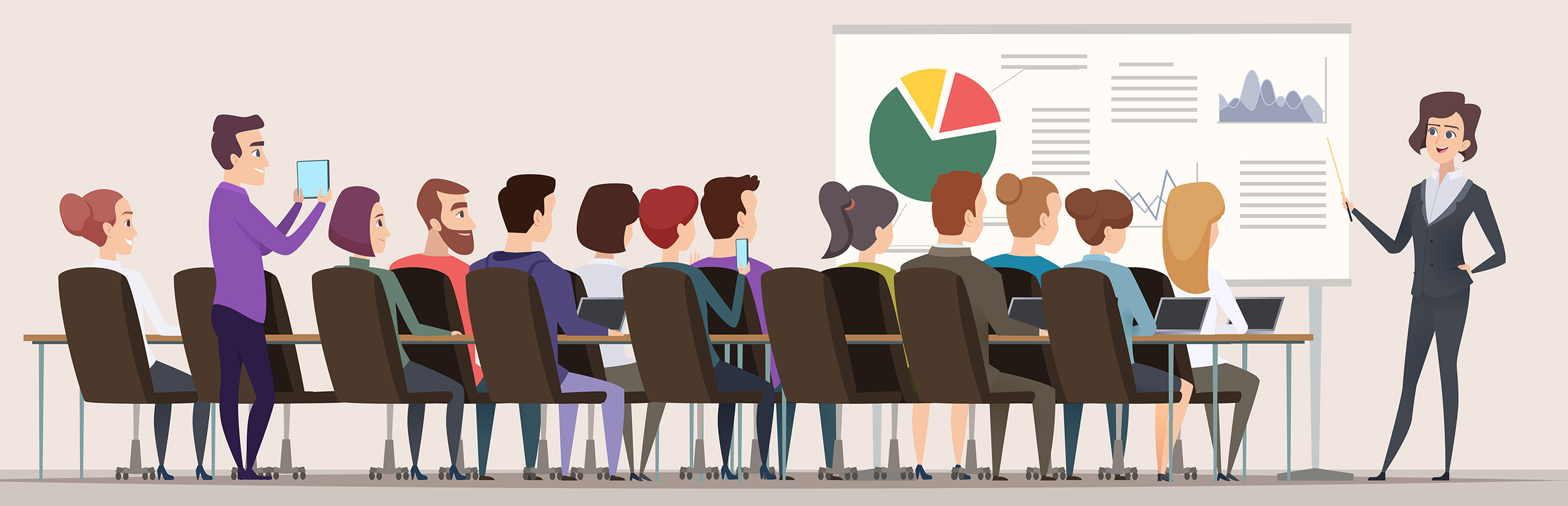 Business trainer. Female teacher in conference hall strategy charts mba meeting people vector. Business training meeting, trainer woman presentation illustration