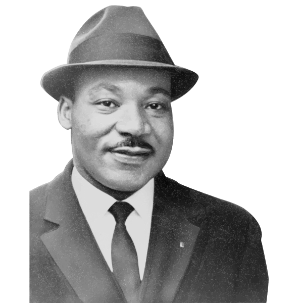 Black-and-white photograph of Martin Luther King Jr. wearing a hat. There is no background.