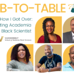 Banner for the event, showing pictures of the panelists on the right portion (top, left to right: Lillian Brady, Breonte Guy. Bottom, left to right: Ebony McGee, Steven Townsend, Felysha Jenkins). At the top is the name of the event series, “Lab-to-Table” and a green Erlenmeyer flask with intersecting golden haloes. To the left of the images is the title of the event: “How I Got Over: Navigating Academia as a Black Scientist.” Below the title is the wordmark of the School of Medicine Basic Sciences. The image has a white background.