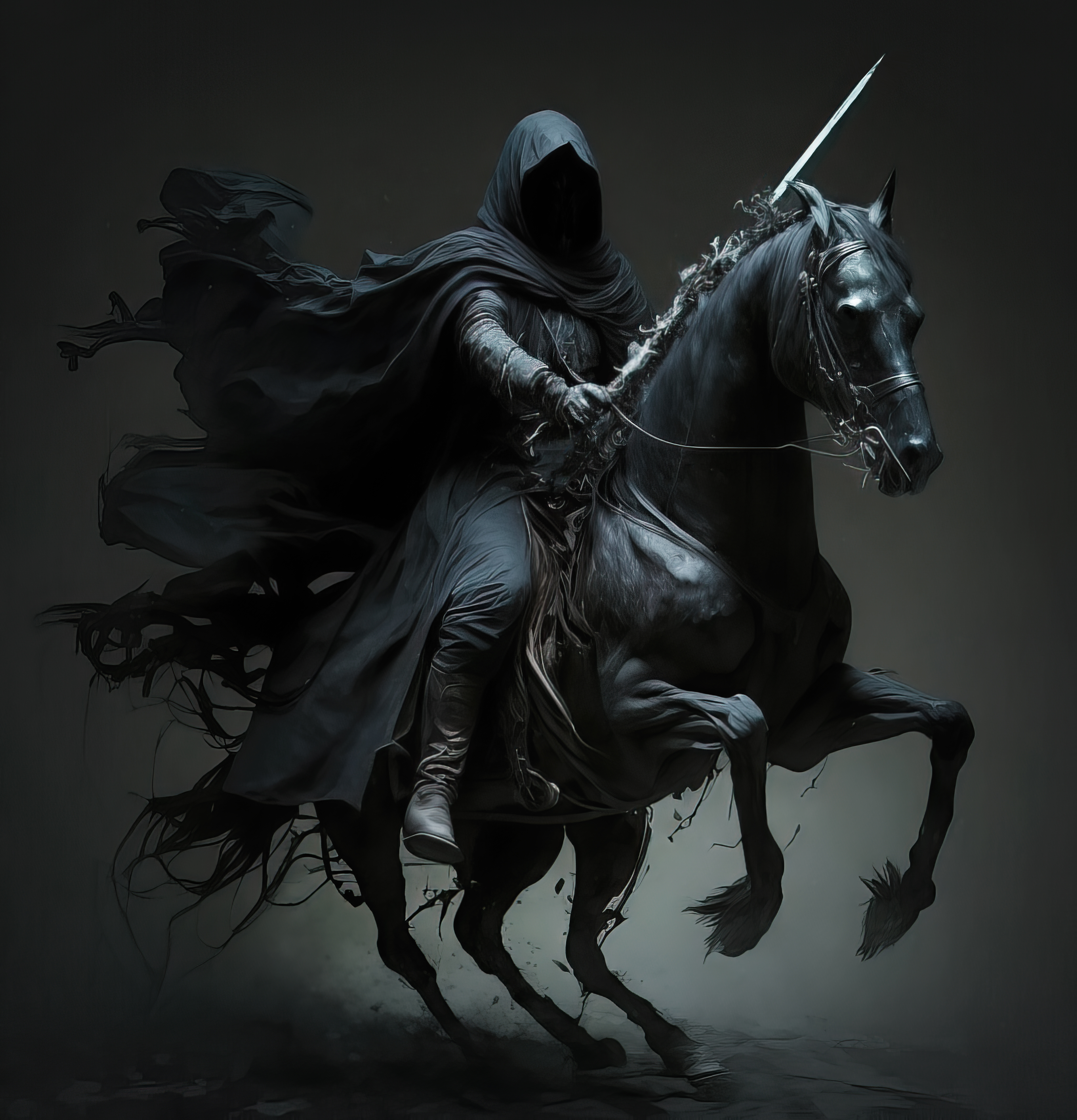 The dark knight in a cape on a horseback rearing, the angel of death, apocalypse dark fantasy concept. 