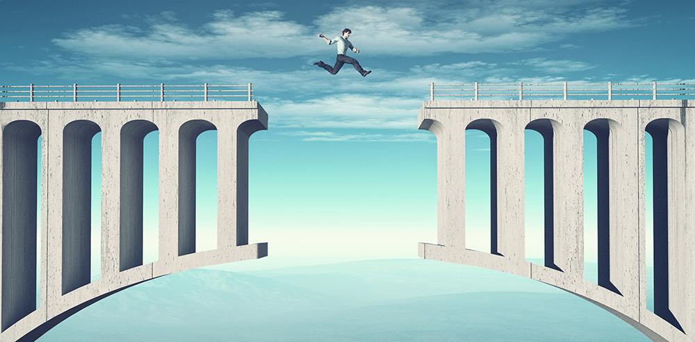 Young man jumping a broken bridge. This is a 3d render illustration