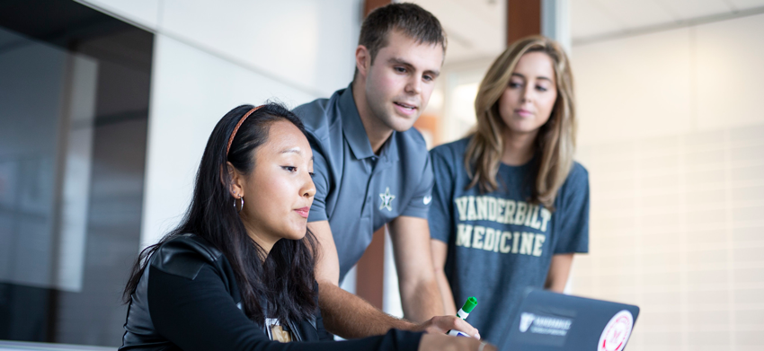 medical students looking at computer