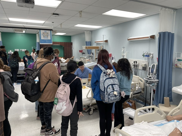 A medical student volunteer demonstrates a simulation for high school students