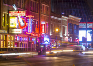Downtown Nashville at night. Broadway and 2nd Avenue (Daniel Dubois / Vanderbilt University)
