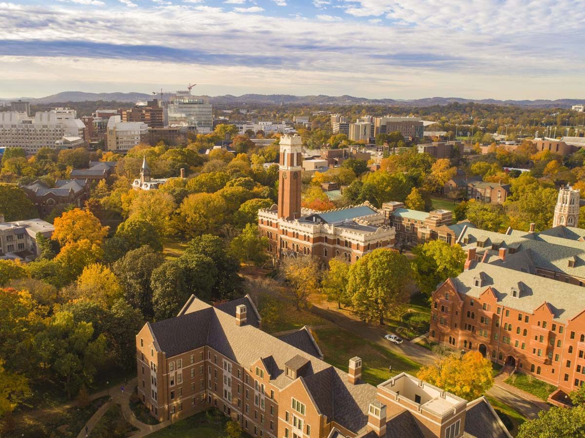 An aerial view of the Vanderbilt University campus in the fall.