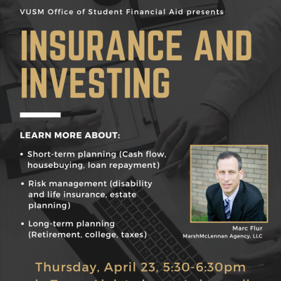 Flyer advertisting a virtual seminar for med school students on insurance and investing