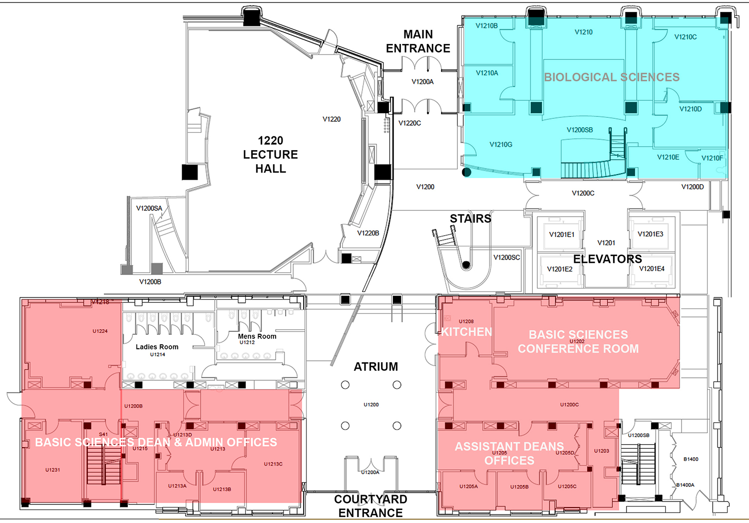 Layout of the first floor of MRBIII, showing the location of several areas, including the 1220 lecture hall, atrium, stairs, elevators, etc. The top right of the image, across the way from 1220 and next to the main entrance, there is a section shaded in cyan and is labeled "Biological Sciences." The bottom left is the U1200 suite, colored in red, and is the Basic Sciecnes Dean & Admin Offices. Across the atrium and on the bottom right of the image is the Basic Sciences conference room, the kitchen, and the offices of the assistant deans. This region is also shaded red.
